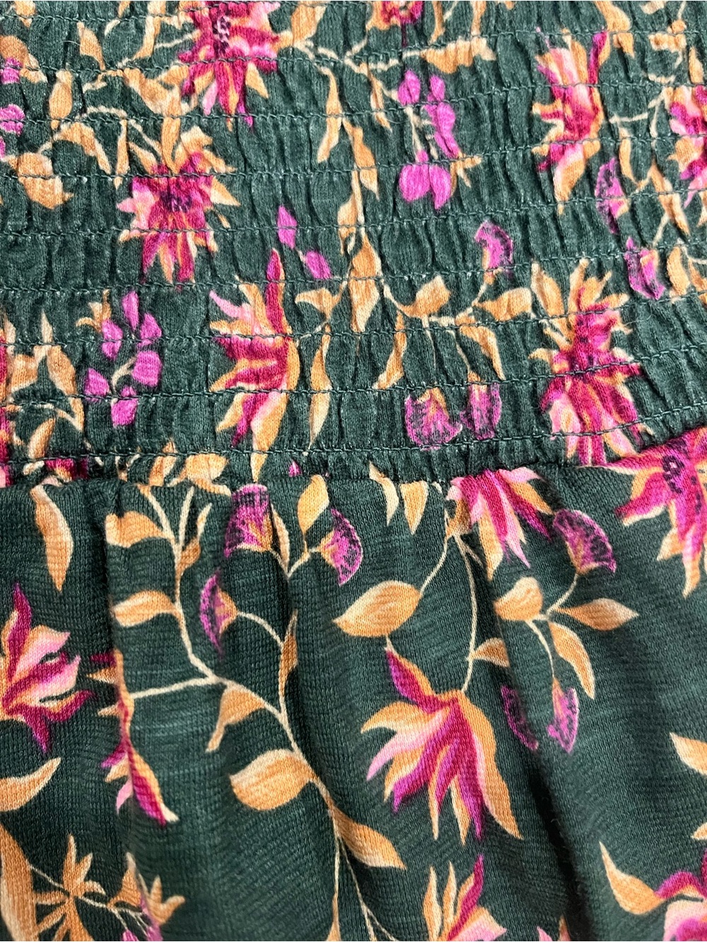 100% Organic Cotton Dark Green Floral Smocked Maxi Dress - Picture 5 of 8